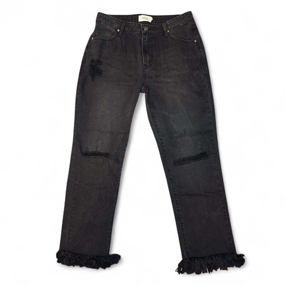 NEW MINKPINK x MP|D Black Distressed Fray Slim Boyfriend Cropped Denim — MEDIUM